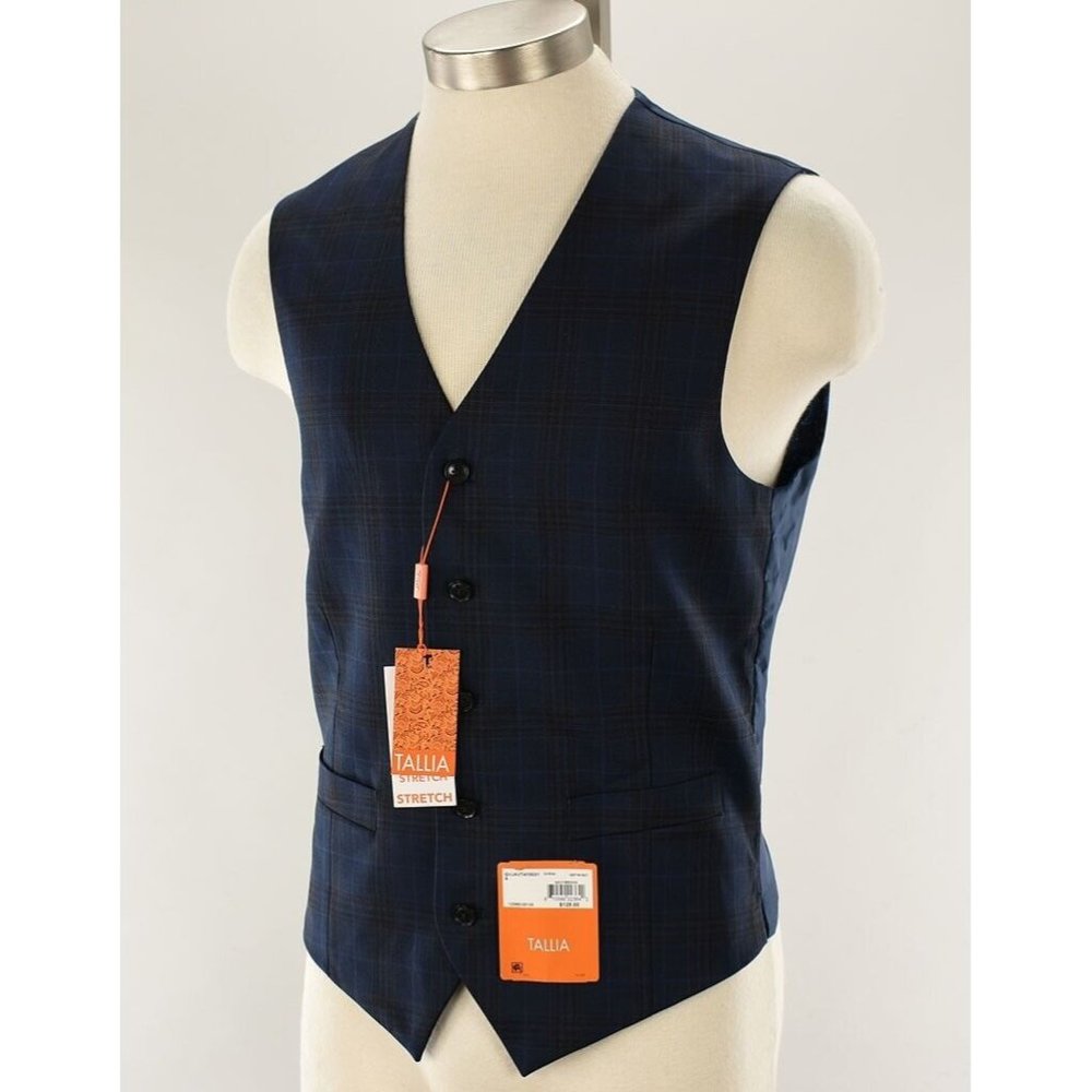 TALLIA Navy Brown PLAID Slim Fit Wool Blend Stretch V Neck Vest SMALL NWT